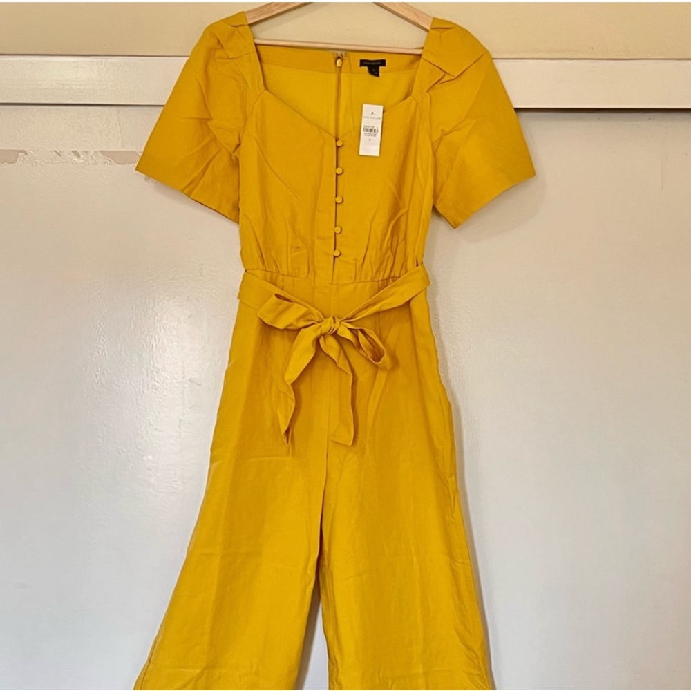 ANN TAYLOR LINEN LYOCELL WIDE LEG CROPPED JUMPSUIT IN MARIGOLD YELLOW - Picture 14 of 16